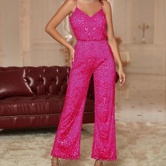 Pink Preppy Womens Double Crazy Sequin Cami Jumpsuit - Picture 1 of 5